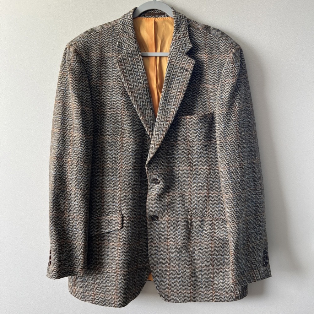 Vintage Harris Tweed Sport Coat Blazer Mens Size 46L wool windowpane brown